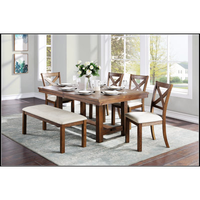 Brown Finish 6-Piece Dining Set With Rectangular Table, Bench, And Beige Upholstered Side Chairs For Transitional Kitchens