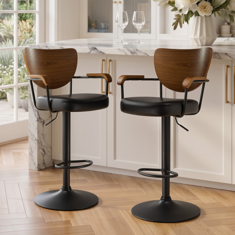 Tabouret de bar pivotant à 360 ° Alwin, ensemble de 2 tabourets de comptoir à hauteur réglable avec dossier en bois, Black