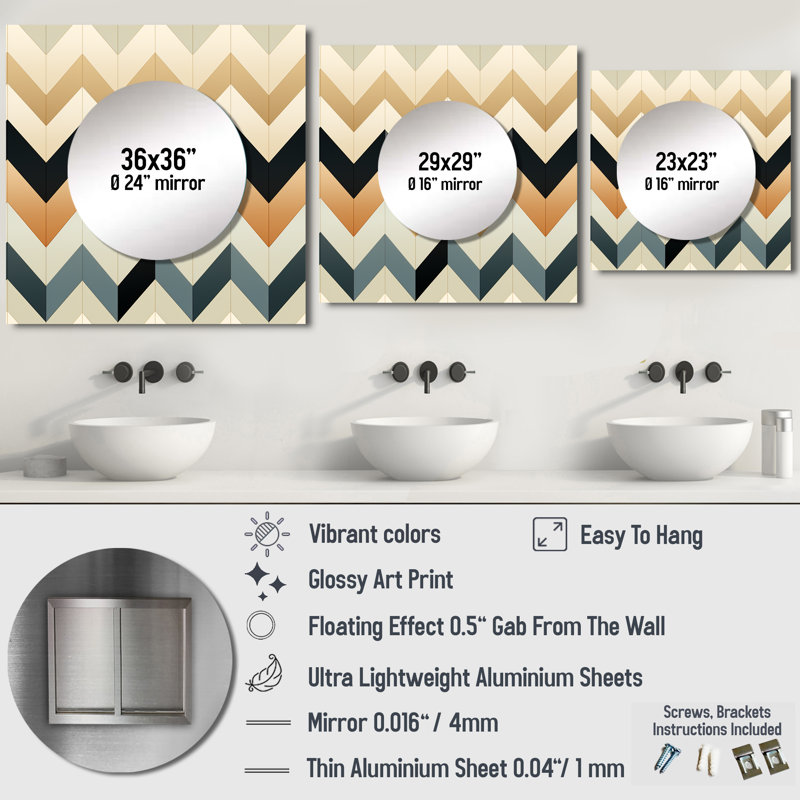 Ivory Boho Accents Chevron - Glam Large Square Mirror For Wall Art Decor, 29" x 29"