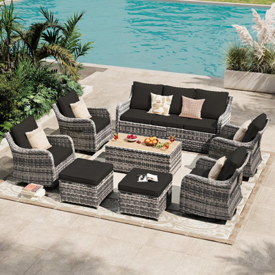  Ensemble de meubles de patio avec chaises berçantes pivotantes, ensemble de conversation pour patio 8 pièces, canapé d'extérieur en osier avec coussins imperméables pour porche de jardin (noir)