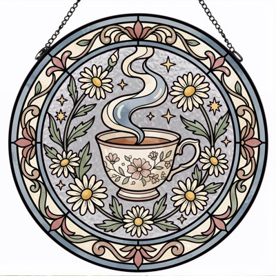 Floral Teacup Stained Glass Window Panel，7.8H