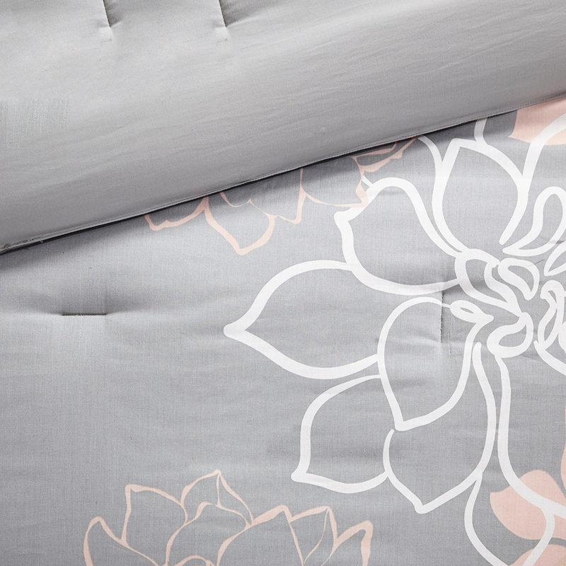 Literie imprimée en coton gris / pêche pour très grand lit, lavable à la machine, édredon brodé, coussins de 15 po, coussins décoratifs