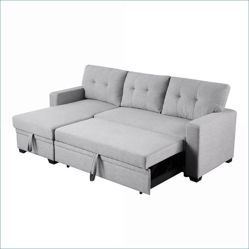 Sectional Sofa with Pull-Out Twin Sleeper &amp; Storage Chaise | Light Gray Linen