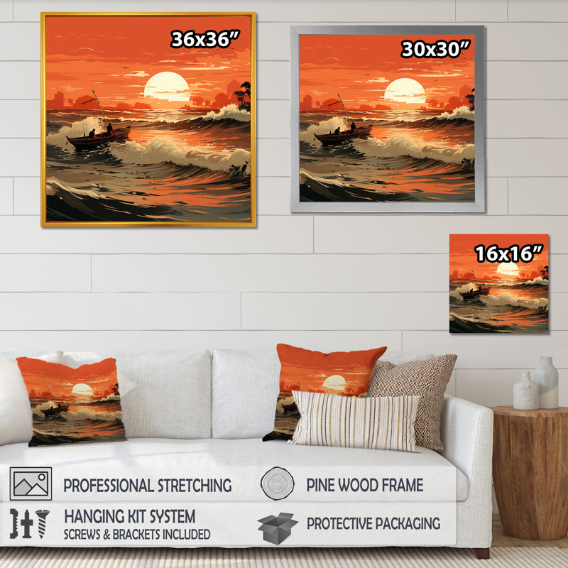 «Tangerine Skies Ocean Waves 2 - Coastal Sunset», art mural, Cadre simple argenté, H 36 po x l 36 po x P 1,5 po