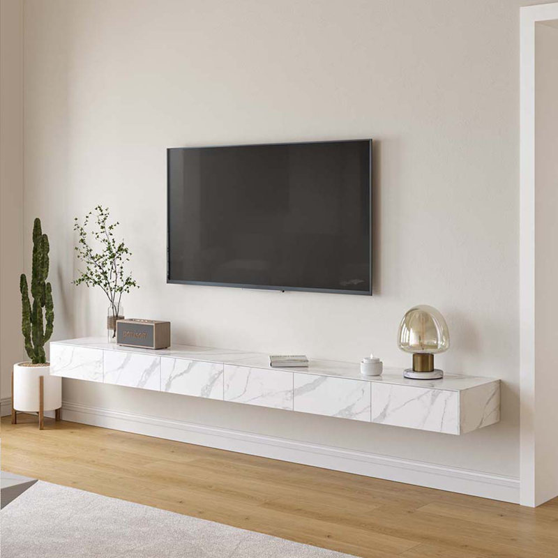 Herschmann Modern Floating TV Stand, Faux Marble Wall-Mounted Media Console, 86", White