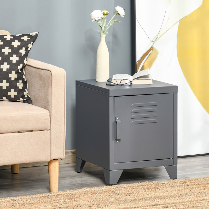 Table de bout industrielle, table d'appoint de salon avec porte de style casier et tablette réglable, rouge, Gris