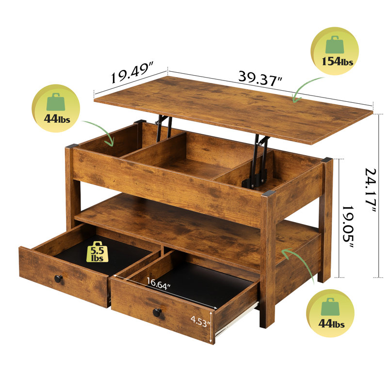 Table basse à plateau relevable avec 2 tiroirs, compartiment caché et tablette de rangement ouverte, table de centre de table relevable en bois rustique pour le salon