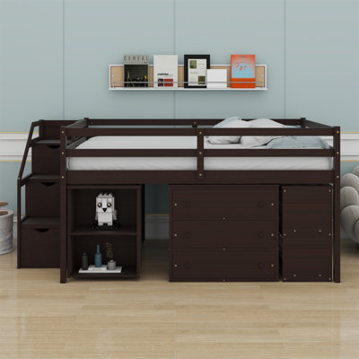 Loft Bed With Retractable Writing Desk And 3 Drawers, Wooden Loft Bed With Storage Stairs And Shelves
