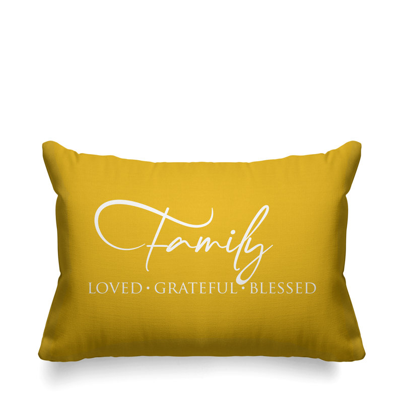 Famille Aspire: Housse et insert de coussin rectangulaire extérieur bien-aimé, reconnaissant et heureux, Jaune