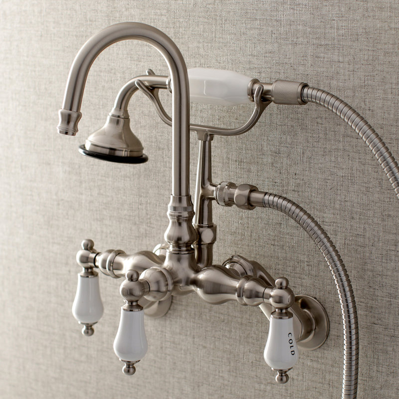 Kingston Brass Aqua Vintage Three-Handle 2-Hole Tub Wall Mount Clawfoot Tub Faucet with Hand Shower