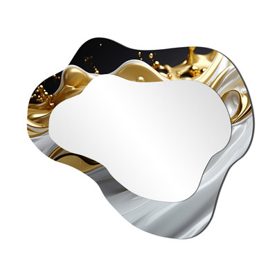 Velko Flowing Golden Sunshine I - Liquid Ink Cloud Mirror, Gold Asymmetrical Unique Wall Mirror, Printed Metal Art
