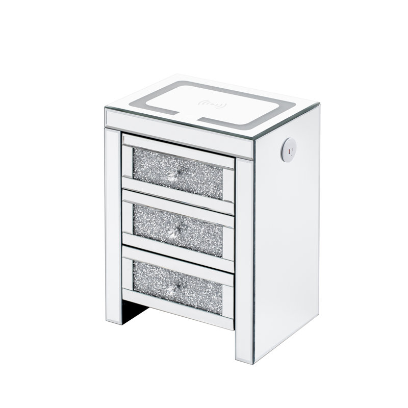 15.7''W Silver Rectangle Mirrored End Table With Wireless&USB Charging And LED Lights