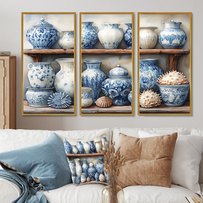 Poterie en tons de bleu et blanc I - ensemble d'art mural de poterie côtière