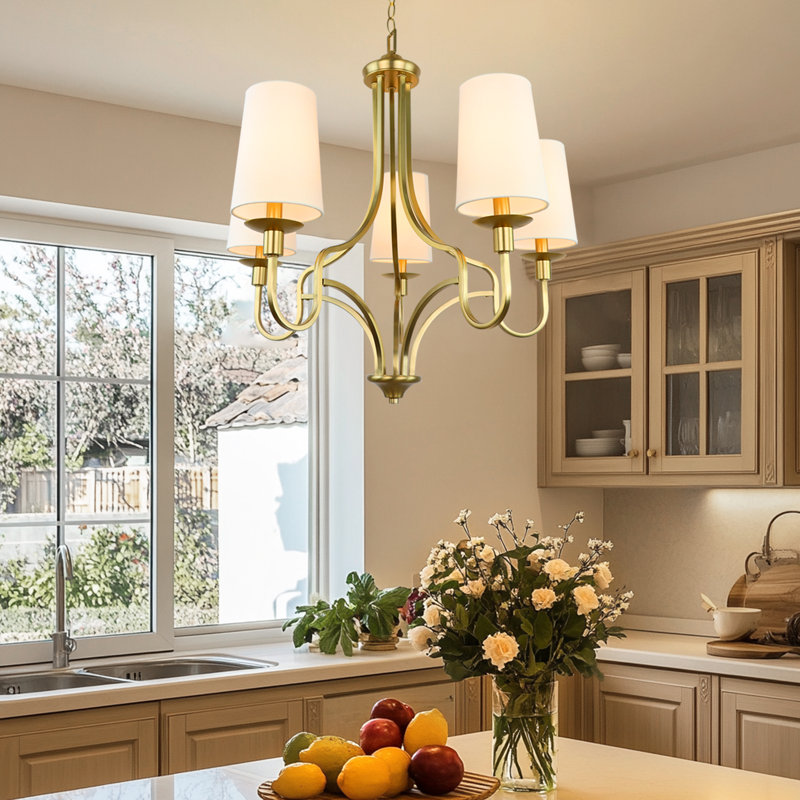 Lustre à 5 lumières, avec abat-jour en tissu blanc, luminaire linéaire pour îlot de cuisine pour salle à manger E12, Doré