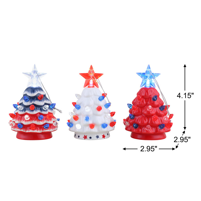 Set of 3 Mini Red White Blue Ceramic Christmas Trees