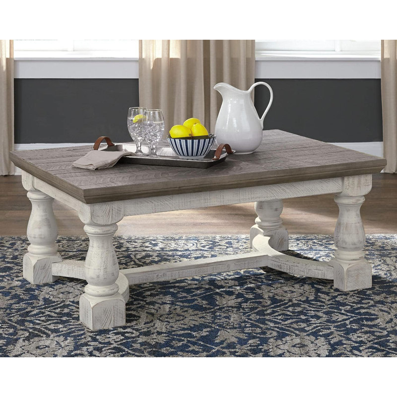 Table basse rectangulaire, grise et blanche, finition patinée