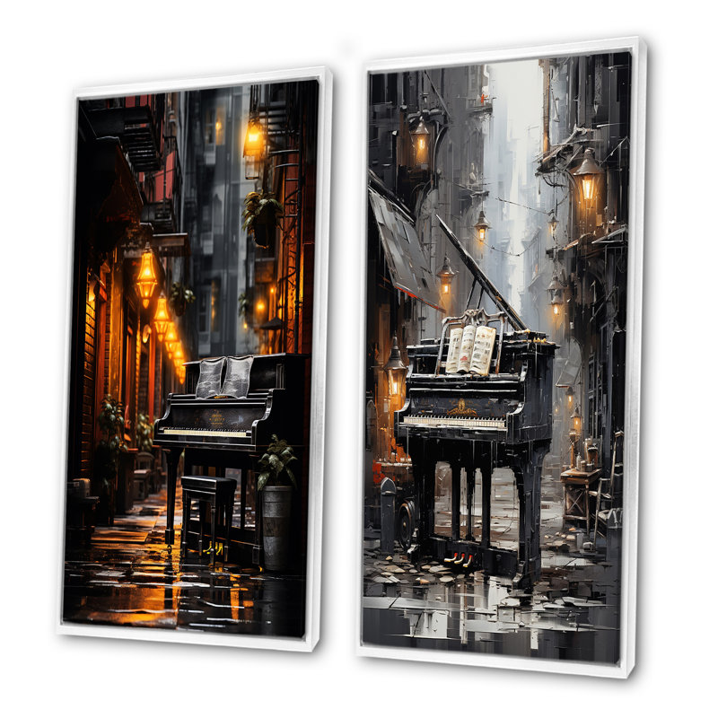Piano Urban Upright - Ensemble de 2 reproductions d'art sur toile, Cadre flottant blanc, H 32 po x l 33 po
