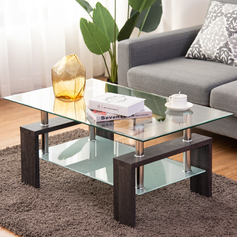 Rectangular Tempered Glass Coffee Table with Shelf, Dark Brown, Clear