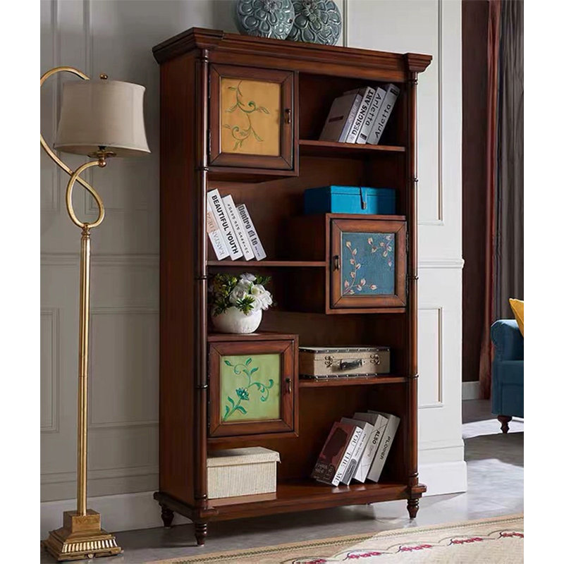 Rustic Solid Wood Display Bookcase with Decorative Painted Cabinets