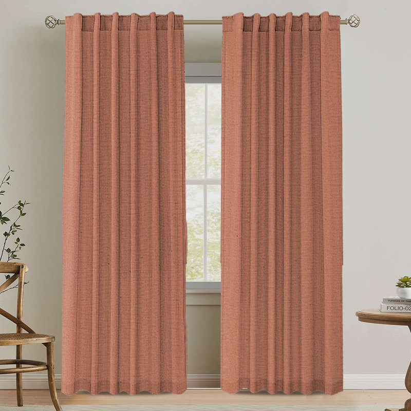 Linen Curtains for Living Room 2 Panels Back Tab Loop Pocket Textured Light Filtering Semi Sheer Rustic Farmhouse Boho Curtain for Bedroom , Terracotta