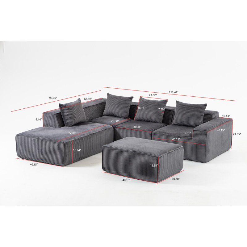 Canapé modulaire modulaire en L en velours côtelé avec coussins, Velours côtelé gris