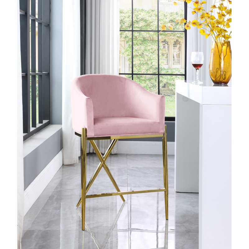 Tabouret de comptoir 26,5 po Xavier, Velours rose, Doré