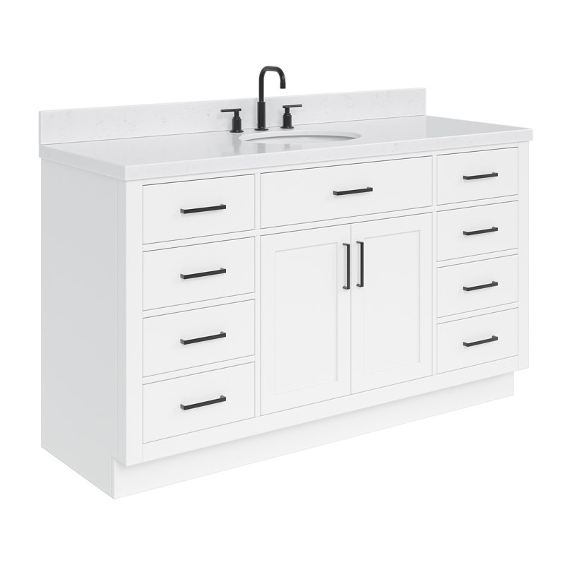Ensemble de meuble-lavabo simple en bois massif avec plateau en quartz Carrara de 1,5 po Thornaby, Blanc, Ovale