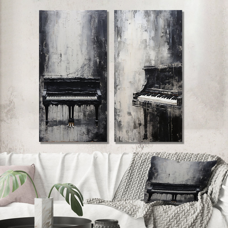 Minimalisme, piano, minuit, noir et blanc - Ensemble de 2 décorations murales pour piano, Toile tendue, H 28 po x l 25 po