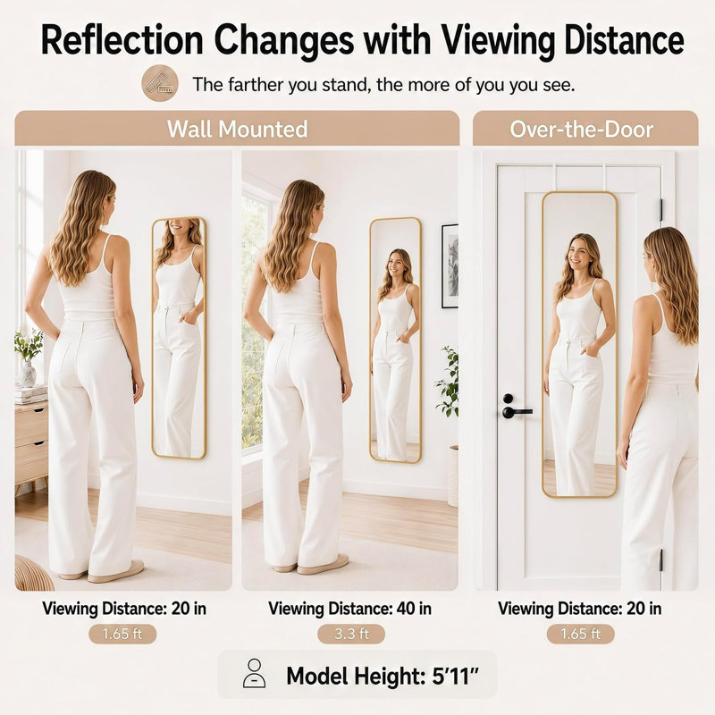 Miroir pleine grandeur 47 x 14 sur la porte, fixation murale / corde suspendue or, Gold