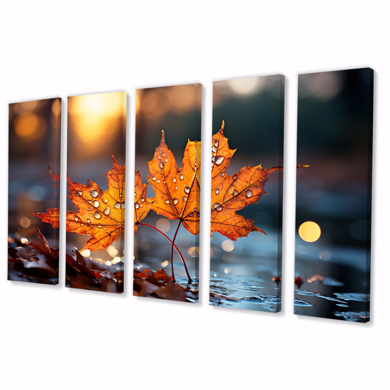 «Orange Autumn Maple Leaves III», ensemble d'art mural 5 pièces érable, H 28 po x l 60 po