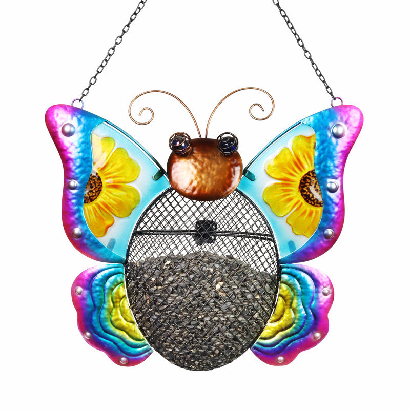 Colorful Hand-Painted Metal Butterfly Hanging Bird Feeder