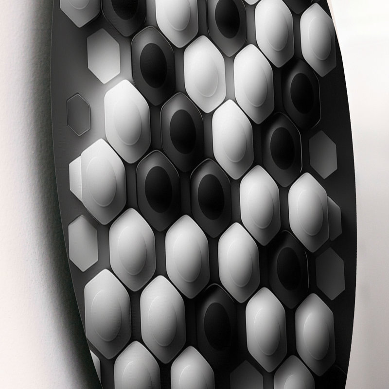 Abstrait géométrique noir et blanc III - Art mural rond abstrait géométrique sur métal, L 16 po x H 16 po