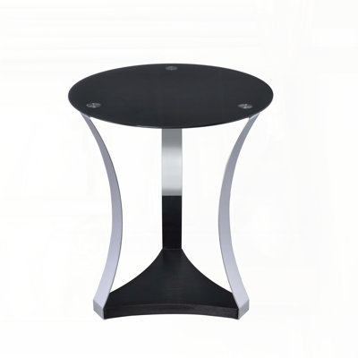 Round Black Glass End Table with Chrome Base and Wooden Shelf