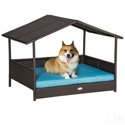Pawhut Wicker Dog House Outdoor With Canopy, Rattan Dog Bed With Water-Resistant Cushion, For Small And Medium Dogs