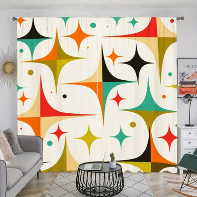2PCS Retro Starburst Mid-Century Modern Geometric Pattern Light Filtering Curtain with Abstract Shapes, Vibrant Color Decor, Easy Hang Rod Pocket Design, All-Season Curtains for Home Living Room Bedroom Cabinet Decoration