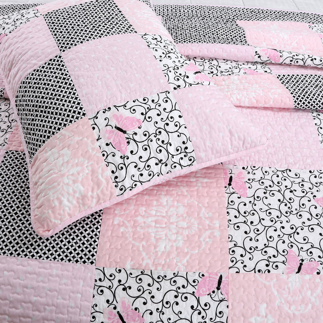 Beatrice Pink/Black/White Cotton Reversible Quilt Set Cozy Line Home Fashion 