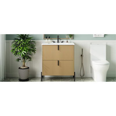 Meuble-lavabo de salle de bain 30 po avec lavabo en céramique, tiroir à extension et conception cannelée à la main pour les tiroirs autoportants Mid-Century Modernes, mécanisme de fermeture en douceur