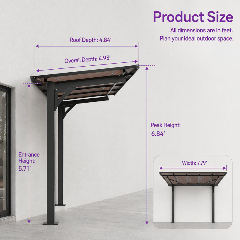 Pergola en aluminium 8 x 5 pi avec toit incliné en PC, auvent extérieur multi-usage, 8*5ft