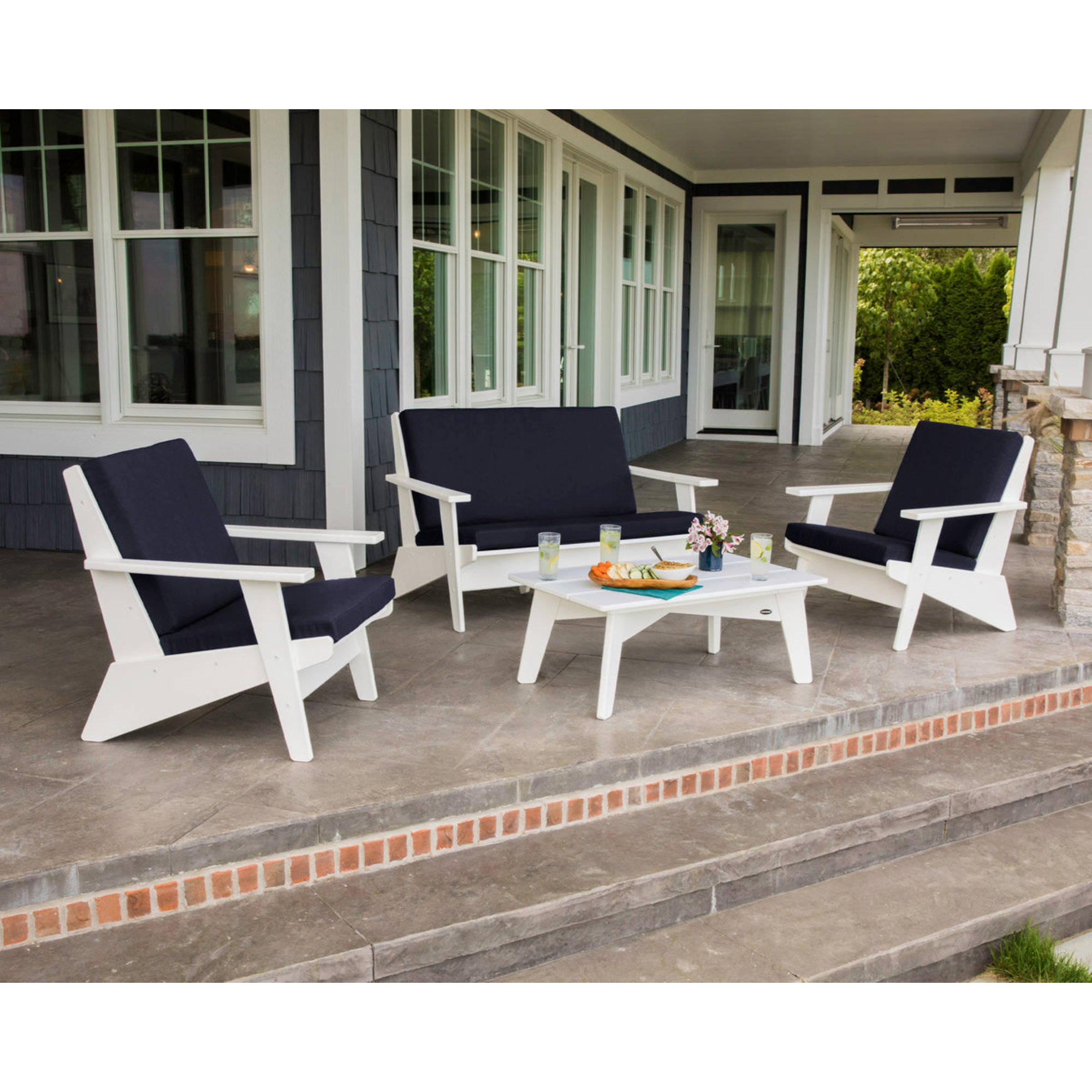 Riviera Modern Lounge 4-Piece Set, White, Marine Indigo