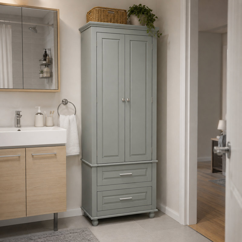 Armoire autoportante en lin avec tiroirs Ramona, tablette réglable, gris