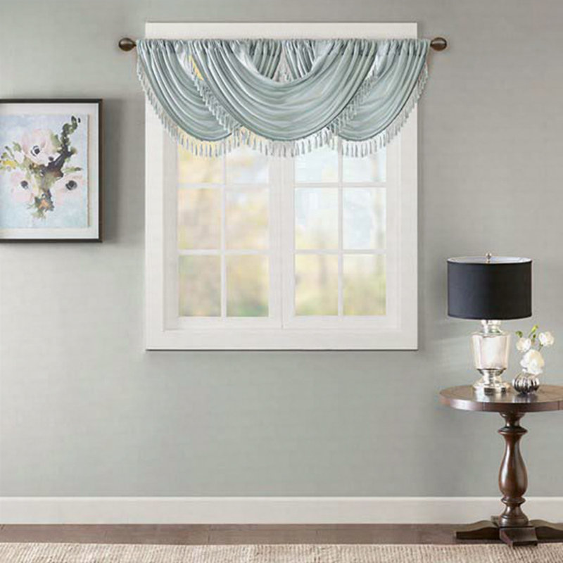 Faux Silk Waterfall Embellished Valance 38X46", Dusty Aqua