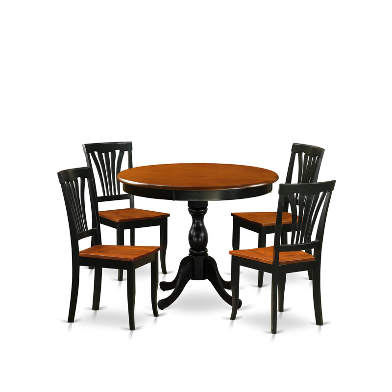 5-Piece Dining Set Includes a Dining Table and 4 Mid Century Chairs with Slatted Back - Black Finish, Black/Cherry, Wooden