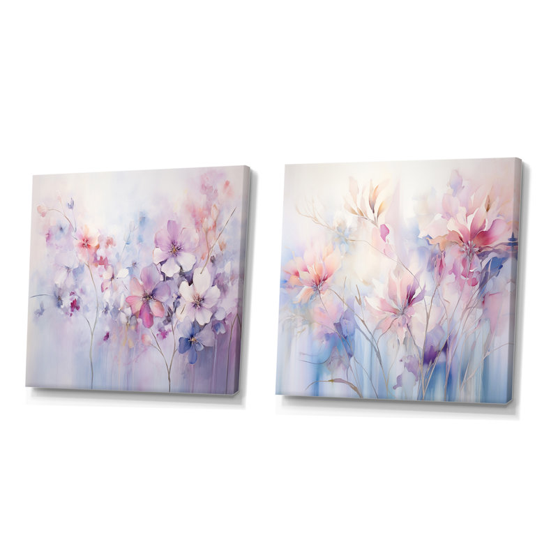 Fleurs mauves et éthérées - Ensemble de collages carrés botaniques abstraits, H 30 po x l 61 po, Toile tendue