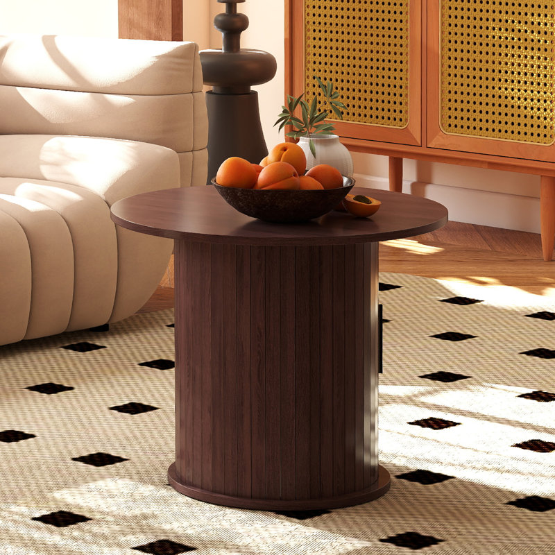 Wooden Round Coffee Table With Hidden Storage, Circle Farmhouse Side Table With Sliding Door, Walnut