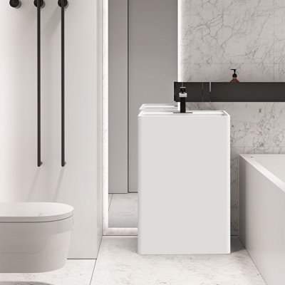 35'' Tall Stone Resin Rectangular Pedestal Bathroom Sink with Overflow