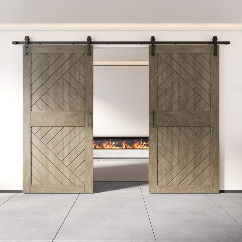 Portes de grange à motif géométrique double non assemblées et finies Homacer Classic Gray, 36 po x 84 po