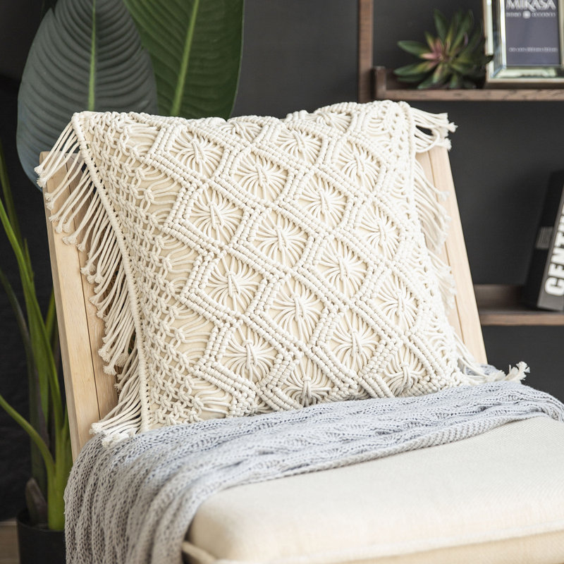 Handmade Crochet Off-White Cotton Boho Throw Pillow 18x18 inches