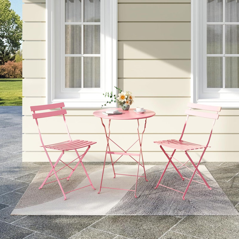 Ensemble bistro 3 pièces, table et chaises avec cadre en acier, meubles de patio peu encombrants, rose, Rose