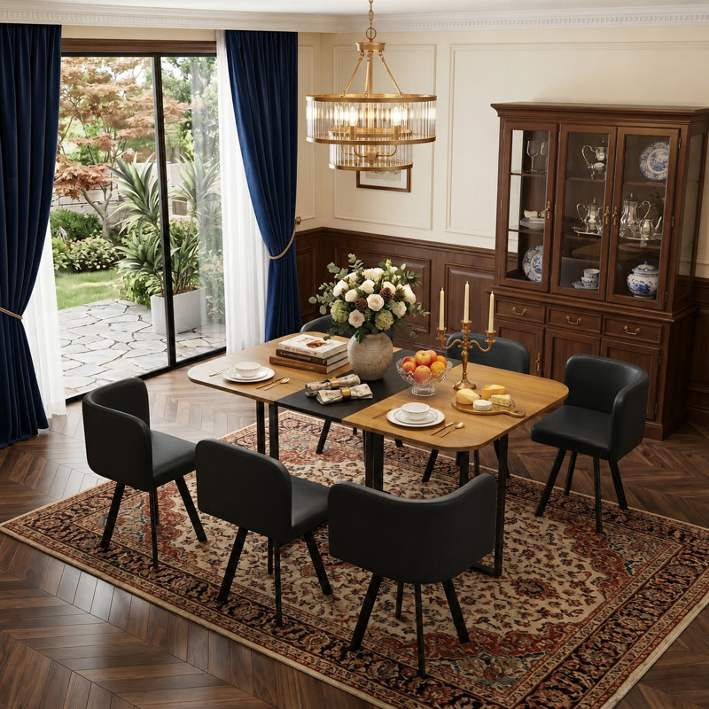 Ensemble de table de salle à manger 60 "en bois avec 6 chaises en cuir PU, Noir, Bois / noir