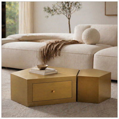 Ensemble de 2 tables basses modernes à géométrie moderne, tables gigognes dorées entièrement modulaires avec tiroirs, tables centrales Artisan pour salon Boho Wabi-Sabi